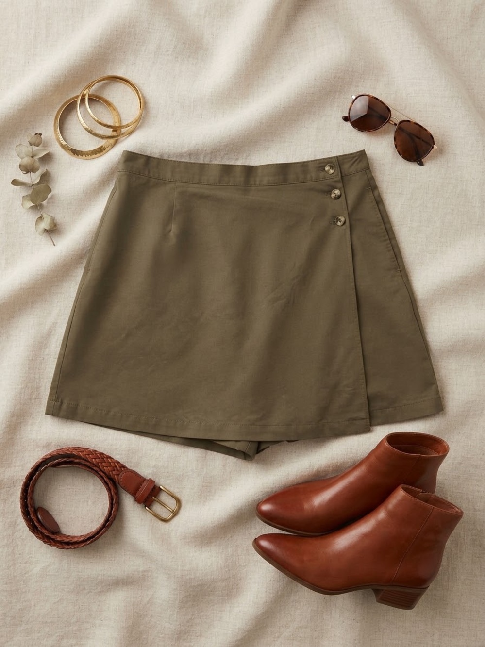 Karen Scott Olive Wrap-Front Skort with Button Detail